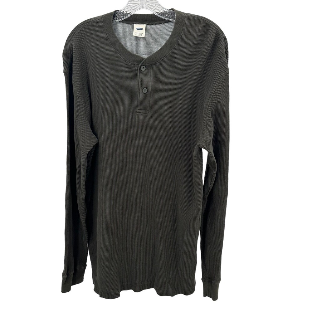 Old Navy Waffle Knit Henley Shirt Long Sleeve Cotton Green Brown Men Large L